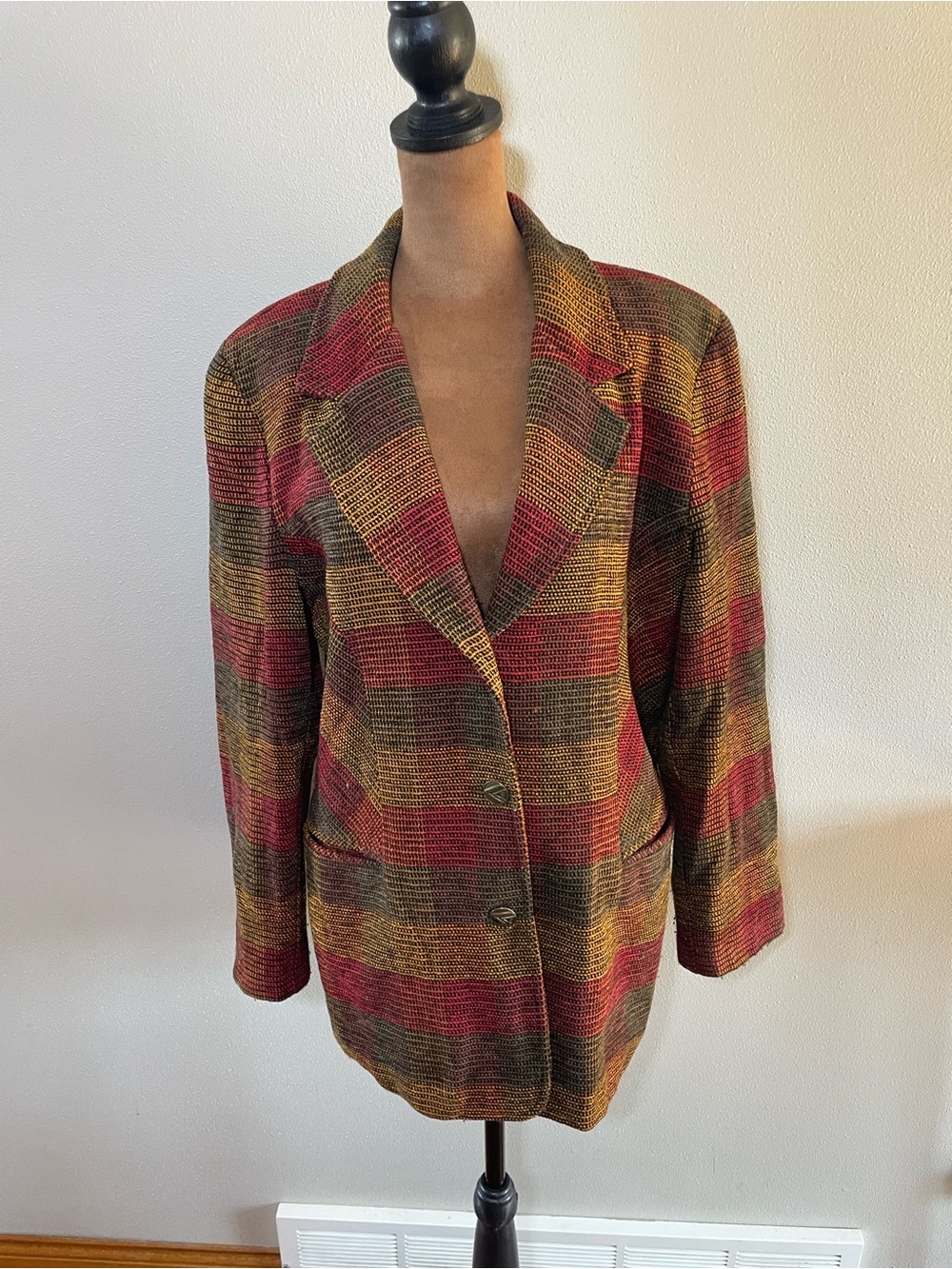 Vintage City Girl Port Two-Button Blazer Jacket in Red, Gold & Brown